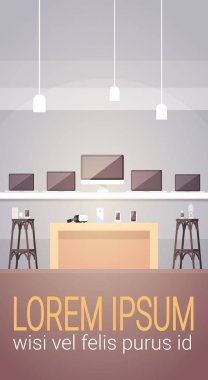 Modern elektronik mağazasından salonu iç afiş kopya alanı ile