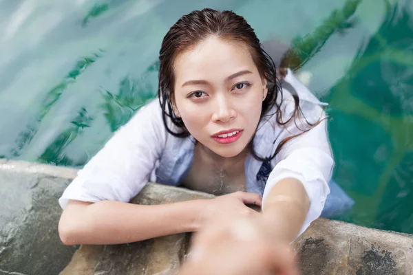 Beautiful Woman Swimming Pool At Resort Relaxed Portrait Young Asian Girl