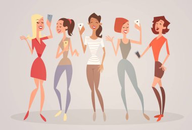 Selfie fotoğrafta hücre akıllı telefon genç grup gülümseyen kadın karikatür