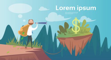 İş adamı Binoküler para yaz manzara dağ orman gökyüzü Woods arıyorsunuz