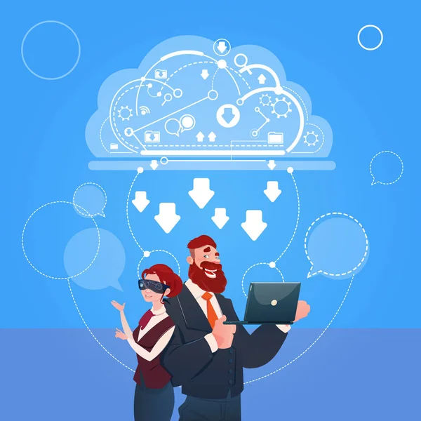 Uomo e donna d'affari indossano occhiali digitali utilizzare computer portatile Cloud Database Concept — Vettoriale Stock