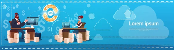 Uomo e donna d'affari indossano occhiali di realtà virtuale digitale Sitting Desk Office Work Place Laptop — Vettoriale Stock