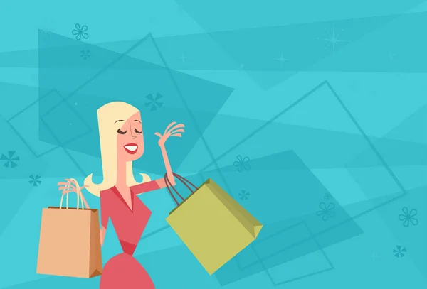 Cartone animato donna con shopping bag grande vendita banner — Vettoriale Stock