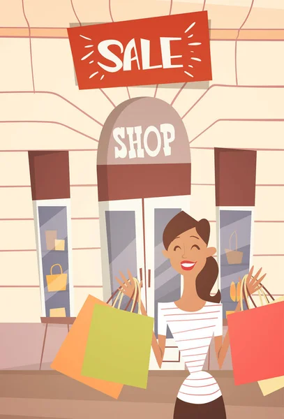 Mujer de dibujos animados con bolsa de compras Venta grande Banner Retial Store Exterior — Vector de stock