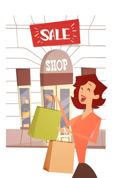 Mujer de dibujos animados con bolsa de compras Venta grande Banner Retial Store Exterior — Vector de stock