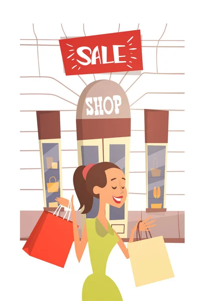 Mujer de dibujos animados con bolsa de compras Venta grande Banner Retial Store Exterior — Archivo Imágenes Vectoriales