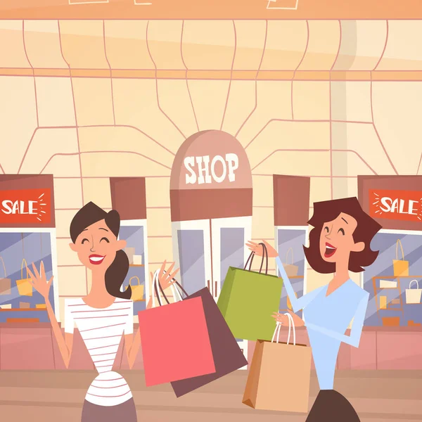 Ζευγάρι γυναίκα καρτούν με εξωτερικό Retial κατάστημα Banner μεγάλη πώληση τσάντα για ψώνια — Διανυσματικό Αρχείο