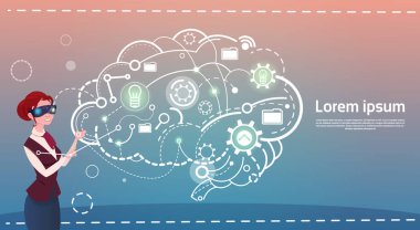 İş kadını brifing fikir yaratıcı kavramı beyin fırtınası dijital gerçeklik gözlük giymek