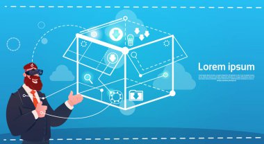 İş adamı brifing fikir yaratıcı kavramı beyin fırtınası dijital gerçeklik gözlük giymek