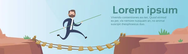 Hombre de negocios Go Dangerous Mountain Road Rope Bridge Risk Concept — Vector de stock