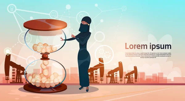 Mulher árabe com areia Assista dinheiro Pumpjack Oil Rig Crane Plataforma Conceito Riqueza — Vetor de Stock