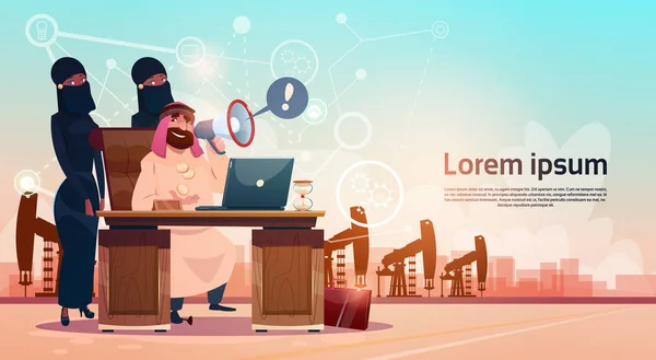Arabisk affärsman som jobbar med Laptop dator Pumpjack olja rigg Crane plattform bakgrund rikedom koncept — Stock vektor