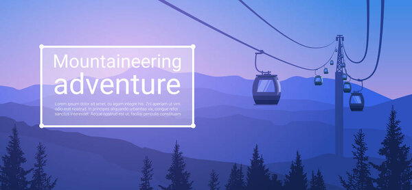 Cable Car Transportation Rope Way Over Mountain Hill Nature Background Banner With Copy Space