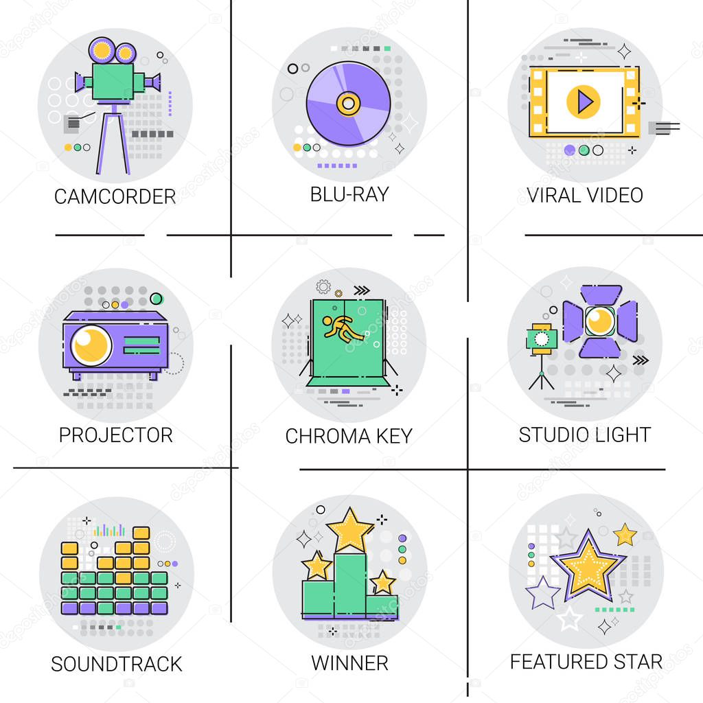 Movie Projector Film Cinema Production Technology Icon Set Studio Light Soundtrack Collection