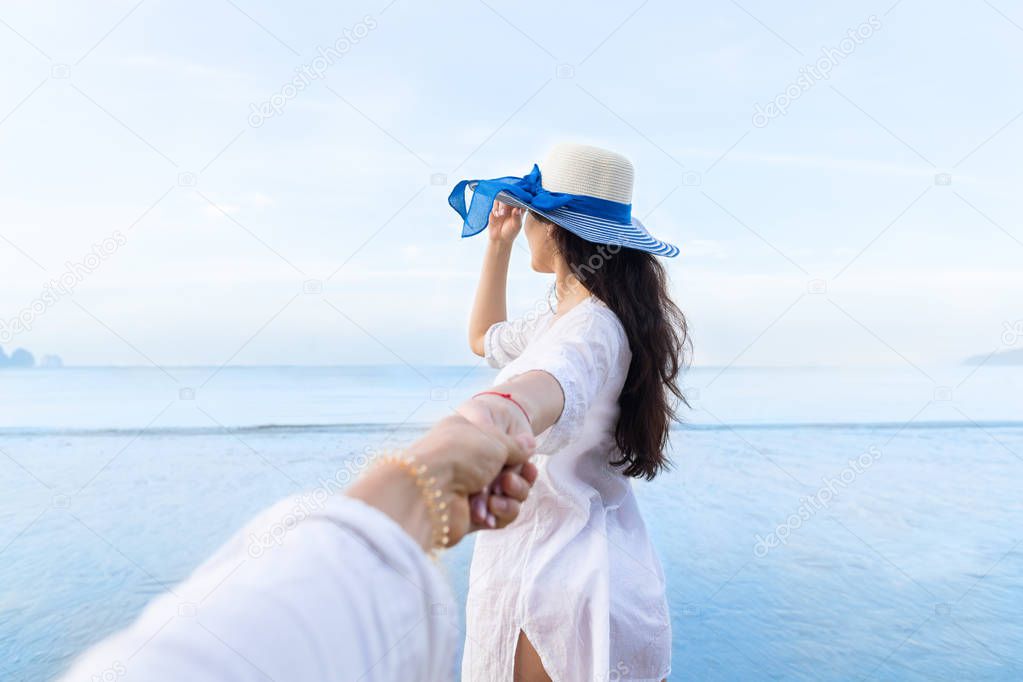 Couple On Beach Summer Vacation, Beautiful Young Girl Hold Male Hand People Looking Sea