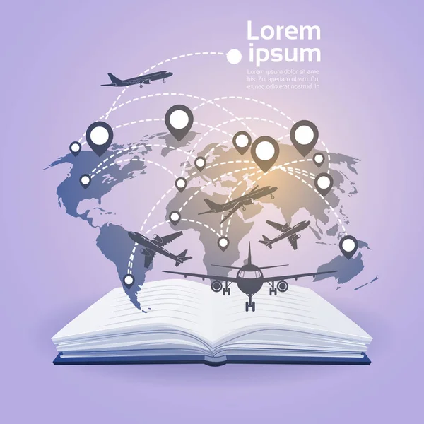 Otwórz książkę ziemi samolotów odczytu Szkoła edukacji globalnej wiedzy koncepcja — Wektor stockowy
