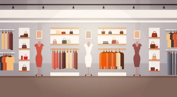 大きなファッション店スーパー マーケット女性服コピー スペースを持つショッピング モール インテリア バナー — ストックベクタ