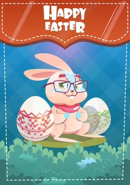 Paskalya tatili Bunny tavşan tutmak dekore edilmiş yumurta tebrik kartı — Stok Vektör