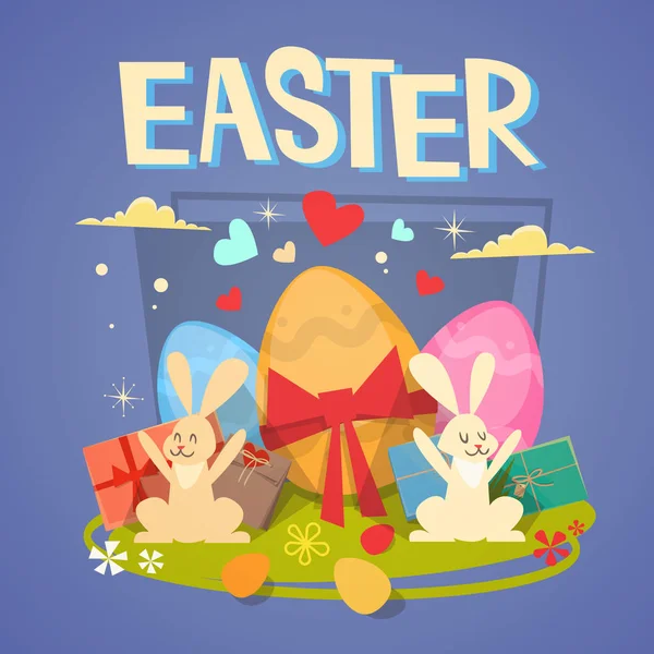Easter Eggs Coelho feriado símbolos cartão de saudação — Vetor de Stock
