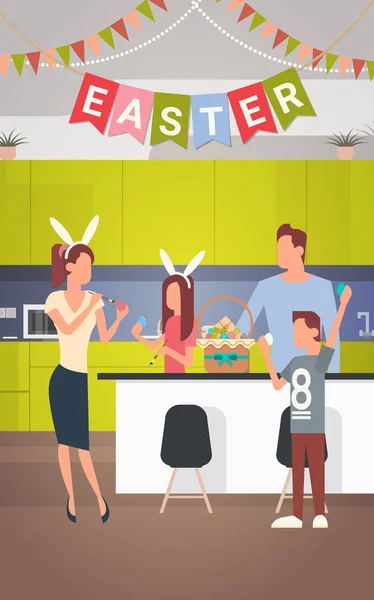 Interior de la cocina familiar Celebra las vacaciones de Pascua Decorado Huevos coloridos Tarjeta de felicitación — Vector de stock
