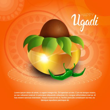 Happy Ugadi and Gudi Padwa Hindu New Year Greeting Card Holiday Pot With Coconut clipart