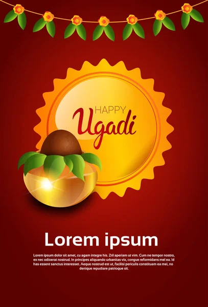 Feliz Ugadi y Gudi Padwa Hindú Año Nuevo tarjeta de felicitación Holiday Pot con coco — Archivo Imágenes Vectoriales