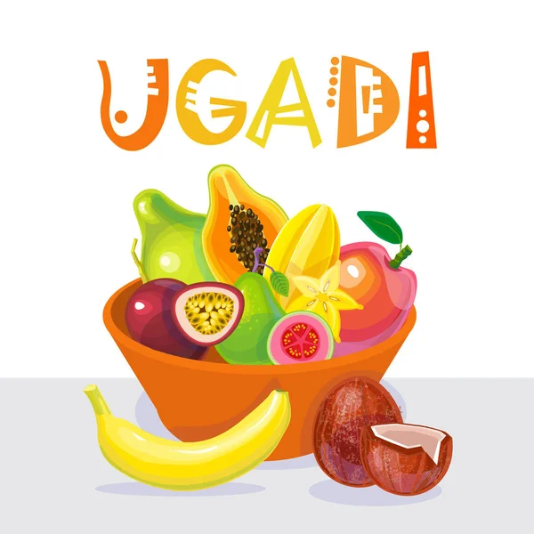 Ugadi 和古蒂城 Padwa 印度教新年贺卡节日快乐 — 图库矢量图片