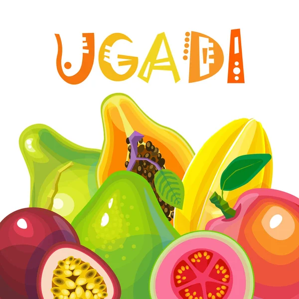 Ugadi 和古蒂城 Padwa 印度教新年贺卡节日快乐 — 图库矢量图片