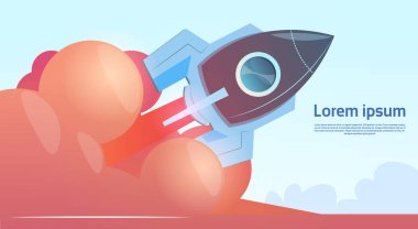 Roket iş başlangıç konsept afiş kopya alanı ile uçan