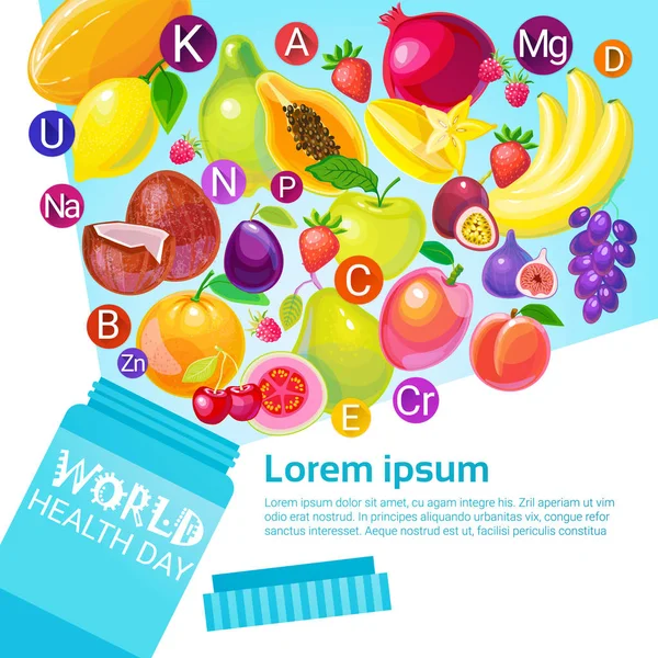 Σωλήνα με βιταμίνες υγεία παγκόσμια ημέρα παγκόσμιες διακοπές ευχετήρια κάρτα — Διανυσματικό Αρχείο