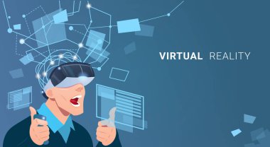 İş adamı giymek sanal gerçeklik dijital gözlük ekonomi grafik grafik arabirimi