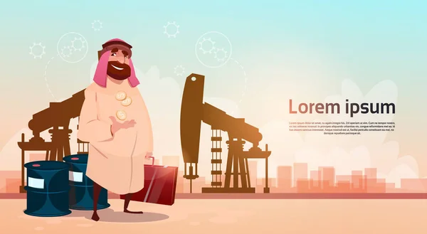 Rich Arab Business Man Oil Trade Pumpjack Rig Platform Black Wealth Concept — Stock Vector
