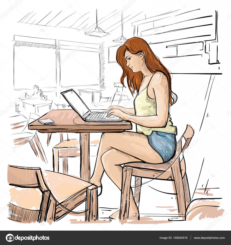 Girl Typing On Laptop Computer Sketch Young Woman Chatting