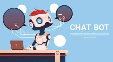 Sohbet Bot kullanarak dizüstü bilgisayar, Web sitesi veya mobil uygulamalar, yapay zeka kavramı Robot sanal yardım