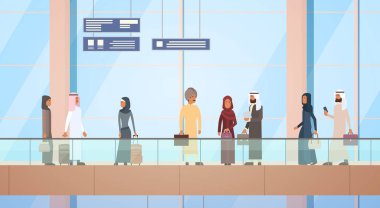 Arap Traveler insanlar Havaalanı Hall kalkış Terminal seyahat Bagaj çanta bavul, Müslüman yolcu Bagaj kontrol edin