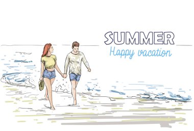 Çift yürüyüş deniz tatil Beach adam ve kadın tatil kroki ellerini tutun