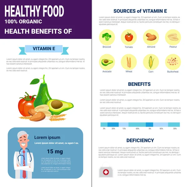 Προϊόντα Infographics υγιεινής διατροφής με βιταμίνες, υγεία διατροφή τρόπο ζωής έννοια — Διανυσματικό Αρχείο