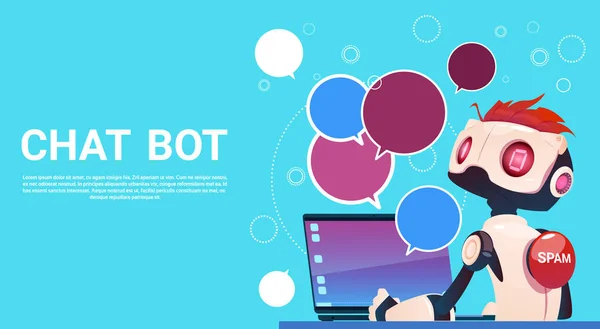 Chat bot utilizzando computer portatile, robot di assistenza virtuale del sito web o applicazioni mobili, concetto di intelligenza artificiale — Vettoriale Stock