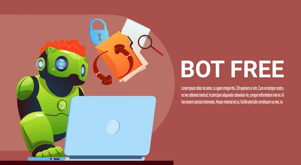 Chat Bot pomocí přenosného počítače, Robot virtuální pomoc webové stránky nebo mobilní aplikace, koncept umělé inteligence — Stockový vektor