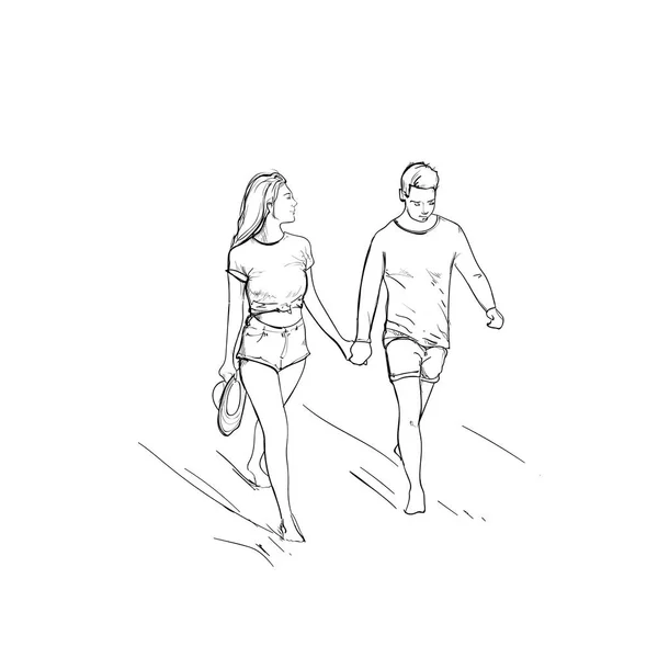 Ρομαντικό ζευγάρι κρατάει το χέρι περπάτημα άνδρας και γυναίκα σκίτσο — Διανυσματικό Αρχείο