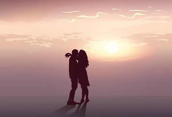 Silhouette Romantic Couple Embrace At Sunset Lovers Man And Woman Kiss — Stock Vector