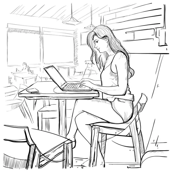 Девушка печатает на ноутбуке компьютер, рисунок молодая женщина болтает в Интернете сидя на стуле гостиной интерьер — стоковый вектор