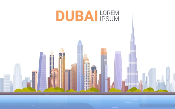 Панорама горизонт Дубая, сучасні будівельні міський пейзаж відрядження та туризму концепції — стоковий вектор