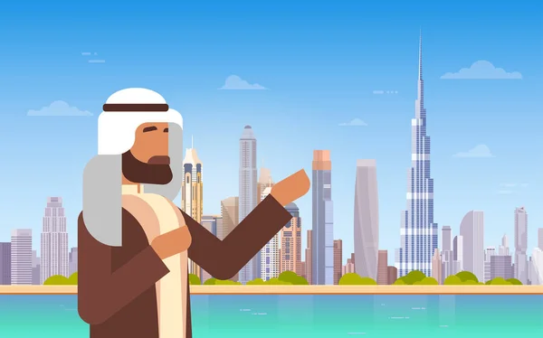 Arab Man Showing Dubai Skyline Panorama, Modern Building Cityscape Business Travel And Tourism Concept — Stock Vector