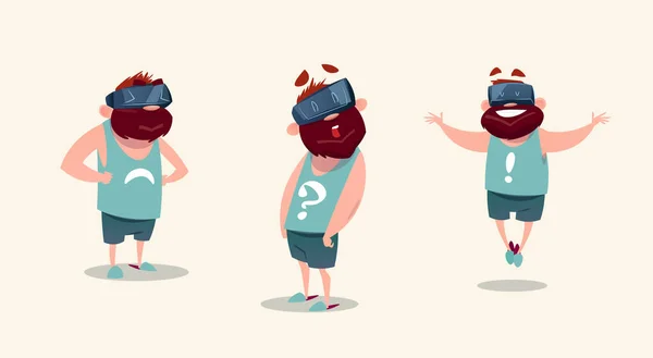 El hombre usa gafas digitales de realidad virtual sintiendo diferentes emociones — Vector de stock