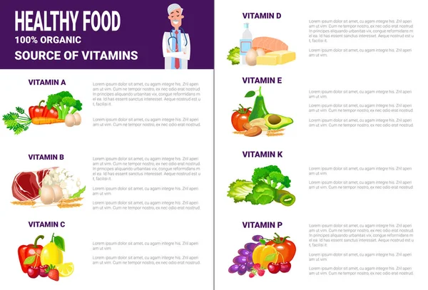 Produits d'infographie d'aliments sains avec vitamines et minéraux, concept de mode de vie de nutrition de santé — Image vectorielle