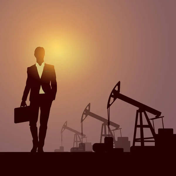 Business Man Pumpjack Oil Rig Crane Platform Banner — Stock Vector