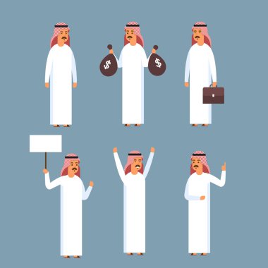 Arap adam ayarla, geleneksel giyim koleksiyonu giyen Islam işadamı