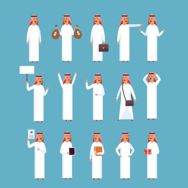 Arap adam ayarla, geleneksel giyim koleksiyonu giyen Islam işadamı