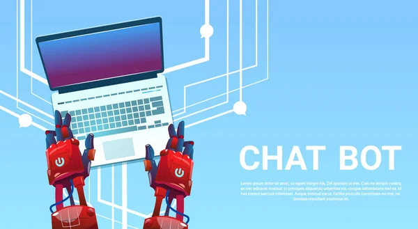 Chat Bot mani utilizzando computer portatile, robot di assistenza virtuale del sito web o applicazioni mobili, concetto di intelligenza artificiale — Vettoriale Stock